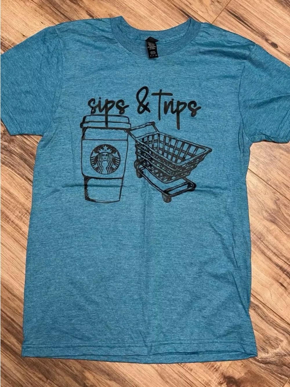 Gildan S Blue "Sips & Trips" Graphic Crew Neck Short Sleeve T-Shirt Tee